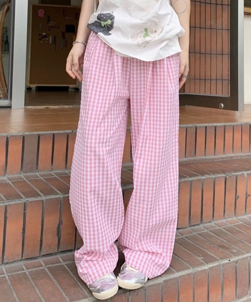 Miniministore(ミニミニストア)の「チェック柄ワイドパンツ ハイウエスト薄手(スウェットパンツ・レディース・ピンク/ミント/ブラック/ブルー・FREE)」の4枚目の写真