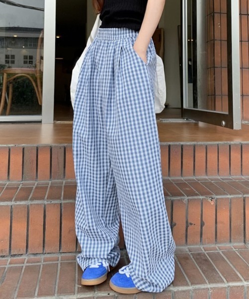Miniministore(ミニミニストア)の「チェック柄ワイドパンツ ハイウエスト薄手(スウェットパンツ・レディース・ピンク/ミント/ブラック/ブルー・FREE)」の3枚目の写真