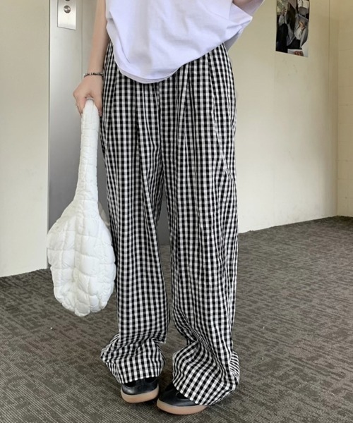 Miniministore(ミニミニストア)の「チェック柄ワイドパンツ ハイウエスト薄手(スウェットパンツ・レディース・ピンク/ミント/ブラック/ブルー・FREE)」の1枚目の写真