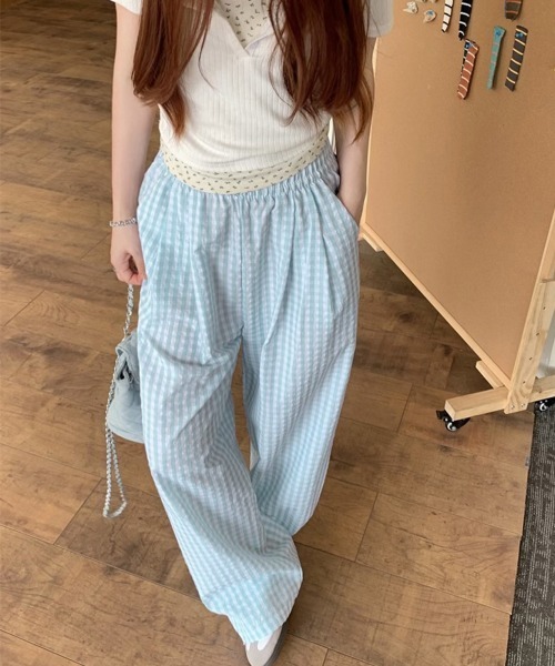 Miniministore(ミニミニストア)の「チェック柄ワイドパンツ ハイウエスト薄手(スウェットパンツ・レディース・ピンク/ミント/ブラック/ブルー・FREE)」の17枚目の写真