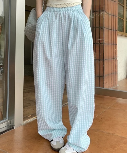 Miniministore(ミニミニストア)の「チェック柄ワイドパンツ ハイウエスト薄手(スウェットパンツ・レディース・ピンク/ミント/ブラック/ブルー・FREE)」の18枚目の写真
