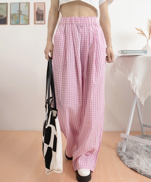 Miniministore(ミニミニストア)の「チェック柄ワイドパンツ ハイウエスト薄手(スウェットパンツ・レディース・ピンク/ミント/ブラック/ブルー・FREE)」の11枚目の写真