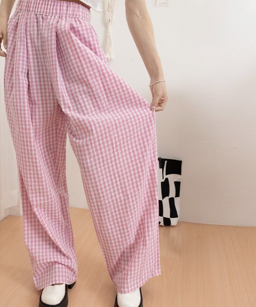 2色 チェック柄ダブルウエスト スウェット ワイドレッグ パンツ セール】チェック柄ワイドパンツ ハイウエスト薄手（スウェット