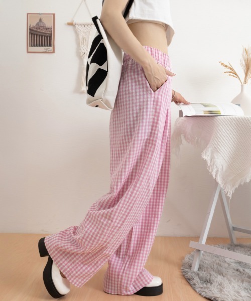 Miniministore(ミニミニストア)の「チェック柄ワイドパンツ ハイウエスト薄手(スウェットパンツ・レディース・ピンク/ミント/ブラック/ブルー・FREE)」の13枚目の写真