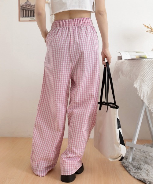 Miniministore(ミニミニストア)の「チェック柄ワイドパンツ ハイウエスト薄手(スウェットパンツ・レディース・ピンク/ミント/ブラック/ブルー・FREE)」の15枚目の写真