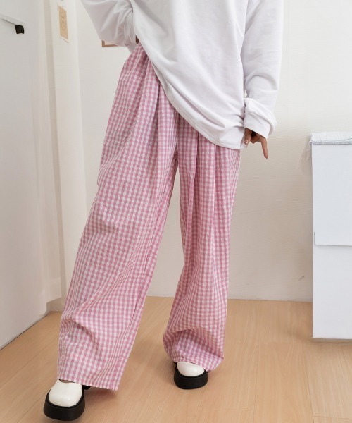 Miniministore(ミニミニストア)の「チェック柄ワイドパンツ ハイウエスト薄手(スウェットパンツ・レディース・ピンク/ミント/ブラック/ブルー・FREE)」の16枚目の写真