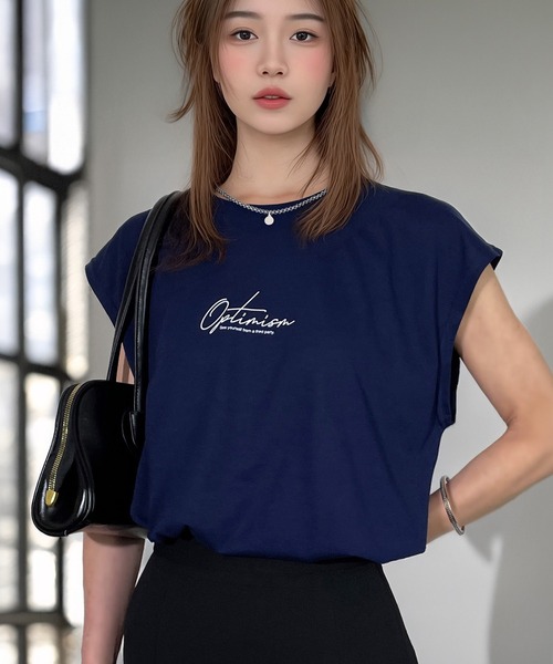 Candlestick(キャンドルスティック)の「ゆったり フレンチスリーブ T ノースリーブ 接触冷感 UVカット 韓国 ストリート(Tシャツ/カットソー・レディース・ダークグリーン/ブラック系2/ホワイト系2/ネイビー/スミクロ/ホワイト系1/ブラック系3/ブラック系1・M/LL/L)」の1枚目の写真