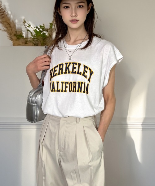 Candlestick(キャンドルスティック)の「ゆったり フレンチスリーブ T ノースリーブ 接触冷感 UVカット 韓国 ストリート(Tシャツ/カットソー・レディース・ダークグリーン/ブラック系2/ホワイト系2/ネイビー/スミクロ/ホワイト系1/ブラック系3/ブラック系1・M/LL/L)」の14枚目の写真
