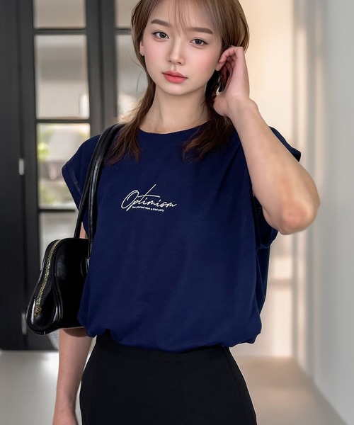 Candlestick(キャンドルスティック)の「ゆったり フレンチスリーブ T ノースリーブ 接触冷感 UVカット 韓国 ストリート(Tシャツ/カットソー・レディース・ダークグリーン/ブラック系2/ホワイト系2/ネイビー/スミクロ/ホワイト系1/ブラック系3/ブラック系1・M/LL/L)」の22枚目の写真