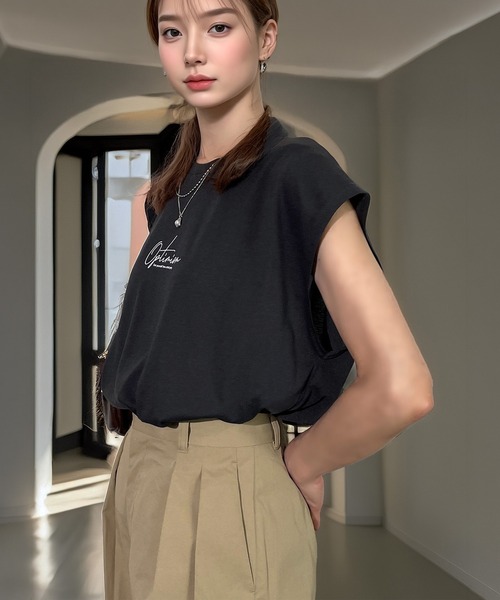 Candlestick(キャンドルスティック)の「ゆったり フレンチスリーブ T ノースリーブ 接触冷感 UVカット 韓国 ストリート(Tシャツ/カットソー・レディース・ダークグリーン/ブラック系2/ホワイト系2/ネイビー/スミクロ/ホワイト系1/ブラック系3/ブラック系1・M/LL/L)」の20枚目の写真