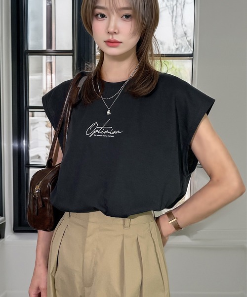 Candlestick(キャンドルスティック)の「ゆったり フレンチスリーブ T ノースリーブ 接触冷感 UVカット 韓国 ストリート(Tシャツ/カットソー・レディース・ダークグリーン/ブラック系2/ホワイト系2/ネイビー/スミクロ/ホワイト系1/ブラック系3/ブラック系1・M/LL/L)」の21枚目の写真