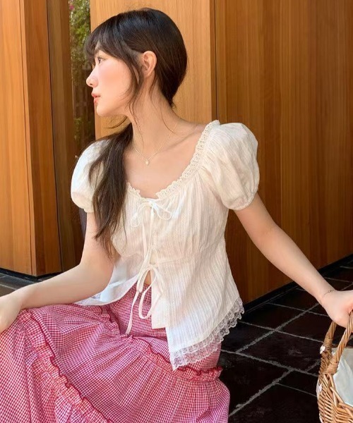 AsRiRe(アスリレイ)の「26ss新色追加/レースリボン付き半袖トップス(シャツ/ブラウス・レディース・ホワイト/ピンク/ブラック/アイボリー・M)」の9枚目の写真
