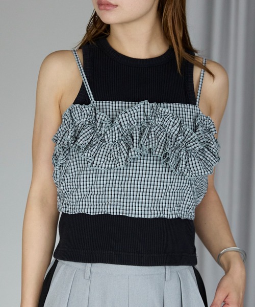 r.（アールドット）の「ワッシャーチェック　フリルビスチェ（キャミソール・レディース・グリーン/ブルー/ブラック・FREE）」の3枚目の写真