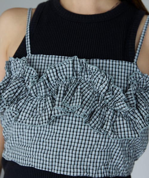 r.（アールドット）の「ワッシャーチェック　フリルビスチェ（キャミソール・レディース・グリーン/ブルー/ブラック・FREE）」の9枚目の写真