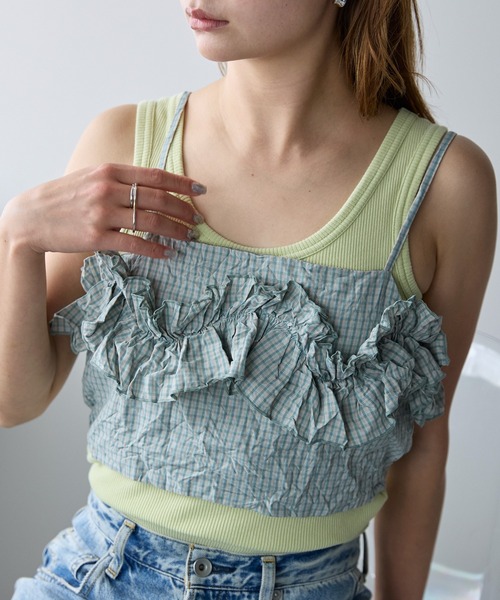 r.（アールドット）の「ワッシャーチェック　フリルビスチェ（キャミソール・レディース・グリーン/ブルー/ブラック・FREE）」の11枚目の写真