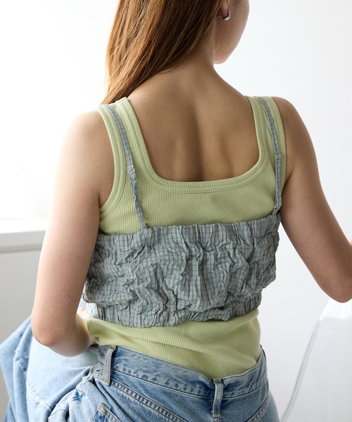 r.（アールドット）の「ワッシャーチェック　フリルビスチェ（キャミソール・レディース・グリーン/ブルー/ブラック・FREE）」の12枚目の写真