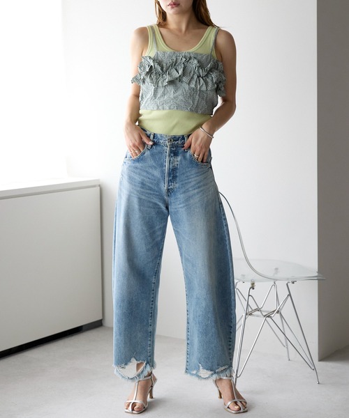 r.（アールドット）の「ワッシャーチェック　フリルビスチェ（キャミソール・レディース・グリーン/ブルー/ブラック・FREE）」の14枚目の写真