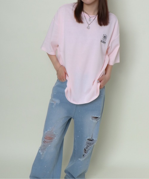GORGE(ゴージ)の「《サガラ刺繍×カラフルフラワー》レディース Tシャツ オーバーサイズ ロゴ バックデザイン 春夏秋(Tシャツ/カットソー・レディース・ピンク/ブラック/オフホワイト・F)」の11枚目の写真