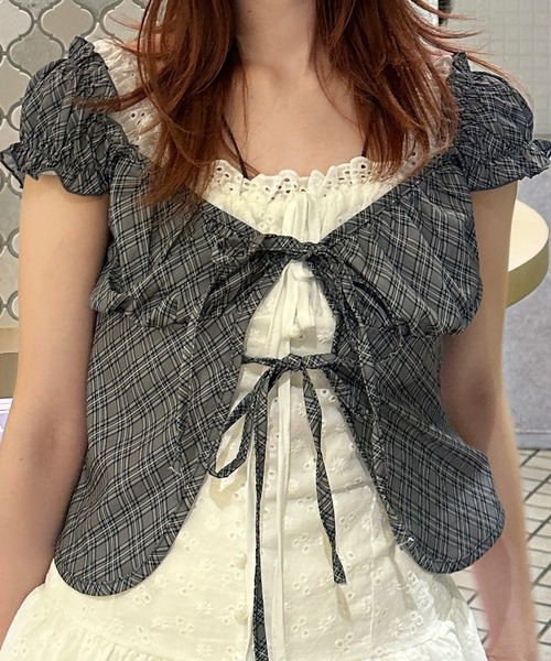 .KOM(ドットコム)の「A'GEM/9 × .kom 『.KOM/ドットケーオーエム』 チェックブラウス(シャツ/ブラウス・レディース・グレー/チャコールグレー・FREE)」の6枚目の写真