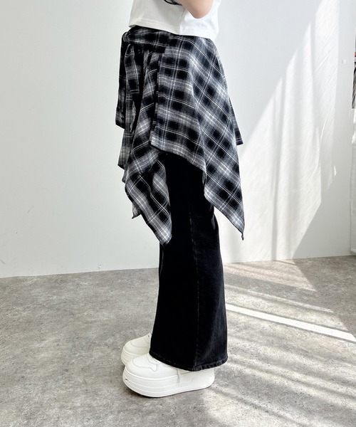 腰巻きストール　グランジ　巻きスカート風 シャツ腰巻き風スカート チェック柄 レイヤード 付け裾 ダンス