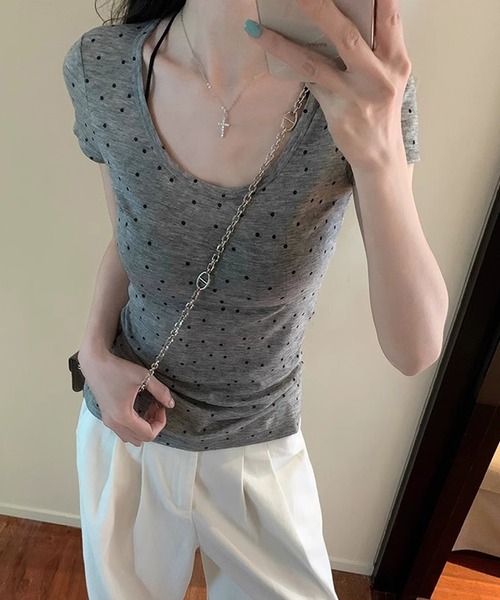 HALEY PESCA(ヘーリーペスカ)の「HALEY PESCA/シースルー ドット柄半袖トップス(Tシャツ/カットソー・レディース・グレー/アイボリー・SMALL/MEDIUM)」の12枚目の写真