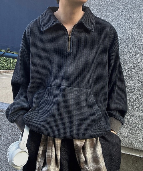 ヴィンテージ加工ワッフルハーフジッププルオーバー（スウェット