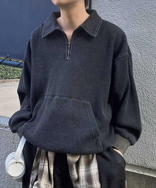 ヴィンテージ加工ワッフルハーフジッププルオーバー（スウェット
