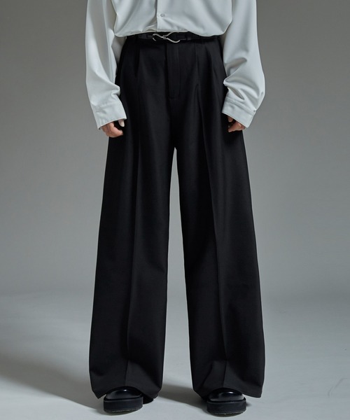 2タック　ワイドパンツ ビンテージ スラックス 黒 裾ダブル センタープリーツ SINSS スラックス Wide tapered two tuck slacks / ワイド