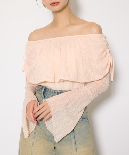 rienda（リエンダ）の「シアーレースオフショルトップス シアートップス 秋服 春服（Tシャツ/カットソー・レディース・ライトピンク/ブラック/アイボリー・FREE）」の3枚目の写真