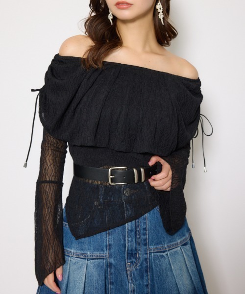 rienda（リエンダ）の「シアーレースオフショルトップス シアートップス 秋服 春服（Tシャツ/カットソー・レディース・ライトピンク/ブラック/アイボリー・FREE）」の2枚目の写真