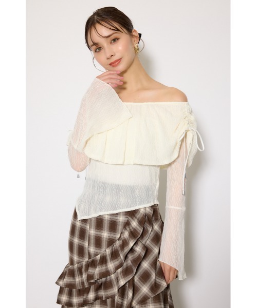 rienda（リエンダ）の「シアーレースオフショルトップス シアートップス 秋服 春服（Tシャツ/カットソー・レディース・ライトピンク/ブラック/アイボリー・FREE）」の4枚目の写真