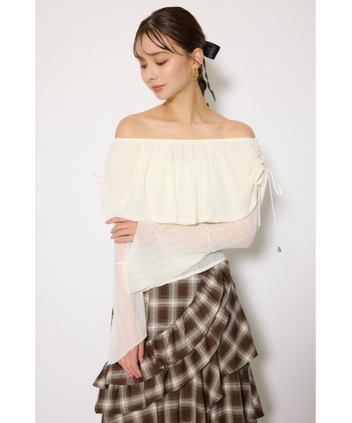 rienda（リエンダ）の「シアーレースオフショルトップス シアートップス 秋服 春服（Tシャツ/カットソー・レディース・ライトピンク/ブラック/アイボリー・FREE）」の5枚目の写真