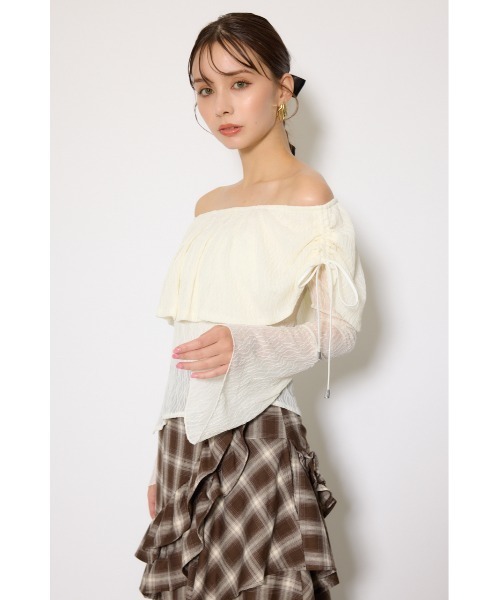 rienda（リエンダ）の「シアーレースオフショルトップス シアートップス 秋服 春服（Tシャツ/カットソー・レディース・ライトピンク/ブラック/アイボリー・FREE）」の6枚目の写真