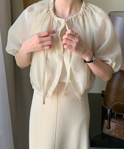 Vipoa（ヴィポア）の「gather neck sheer blouse（シャツ/ブラウス・レディース・アイボリー/ブラック・FREE）」の5枚目の写真