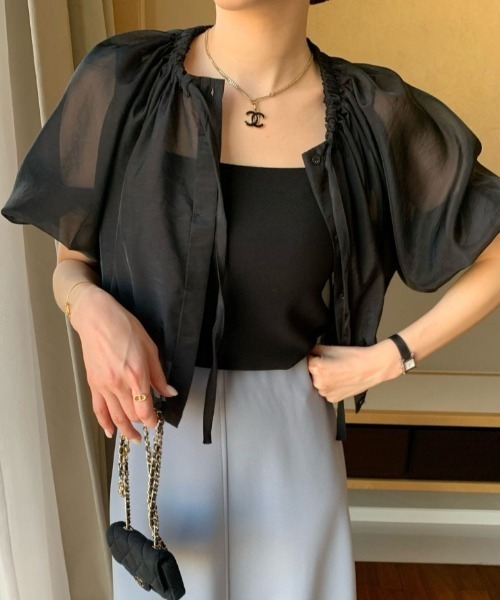 Vipoa（ヴィポア）の「gather neck sheer blouse（シャツ/ブラウス・レディース・アイボリー/ブラック・FREE）」の12枚目の写真