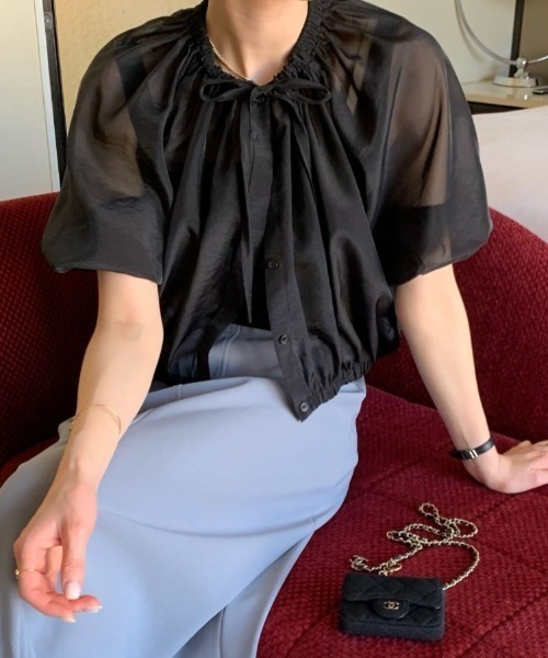 Vipoa（ヴィポア）の「gather neck sheer blouse（シャツ/ブラウス・レディース・アイボリー/ブラック・FREE）」の3枚目の写真