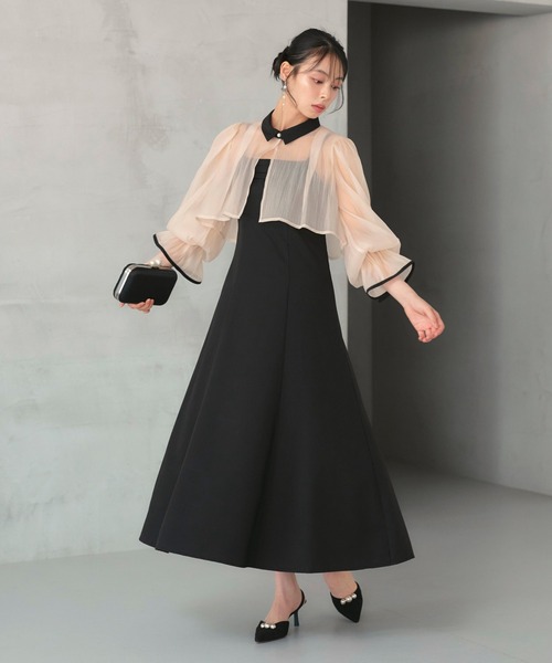 RUIRUE BOUTIQUE（ルイルエブティック）の「オケージョンドレス 結婚式 ストレッチ ｜ エアリー シアー トップス ＆ キャミ フレア ドレス ｜ 二次会 披露宴 美脚 ワンピース オケージョン お呼ばれ パーティードレス（ドレス・レディース・ブラック×ベージュ/ライトグレー/ブラック×グレー・S/M/L/LL）」の5枚目の写真