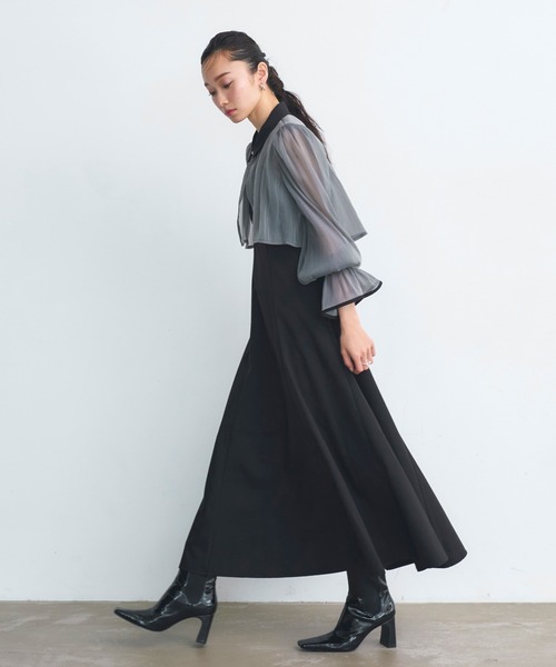 RUIRUE BOUTIQUE（ルイルエブティック）の「オケージョンドレス 結婚式 ストレッチ ｜ エアリー シアー トップス ＆ キャミ フレア ドレス ｜ 二次会 披露宴 美脚 ワンピース オケージョン お呼ばれ パーティードレス（ドレス・レディース・ブラック×ベージュ/ライトグレー/ブラック×グレー・S/M/L/LL）」の11枚目の写真