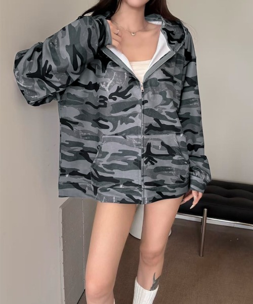 セール】【秋冬新作】オーバーサイズカモフラージュ柄ジップパーカー