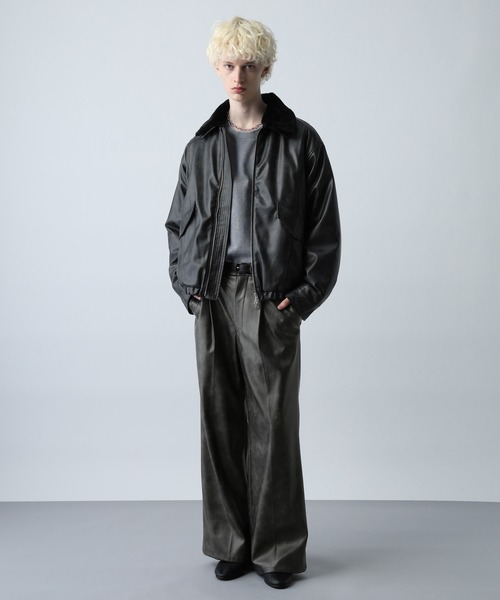 SET UP対応】LUXEレザーワイドフレアパンツ(HARE)（スラックス