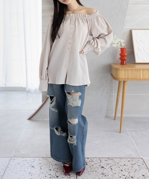 CLEAR BASIC（クリアベーシック）の「フロントボタン2way楊柳ブラウス［大人 カジュアル 着回し力抜群］≪AW新作≫（シャツ/ブラウス・レディース・ブラック/サンドベージュ/ブラウン・F）」の8枚目の写真