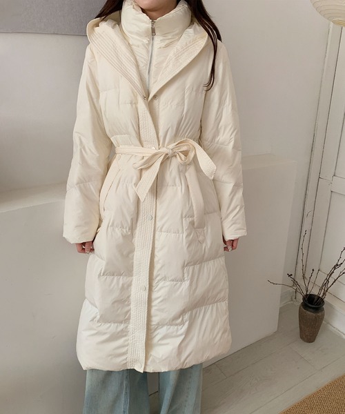 セール】ウエストリボン付きロングダウンコート（ダウンジャケット