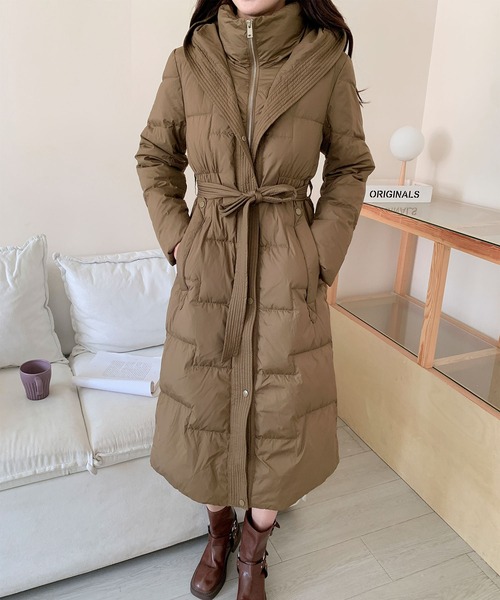 セール】ウエストリボン付きロングダウンコート（ダウンジャケット
