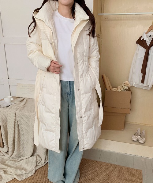 セール】ウエストリボン付きロングダウンコート（ダウンジャケット
