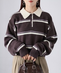 ショート丈ボーダー配色ポロニット