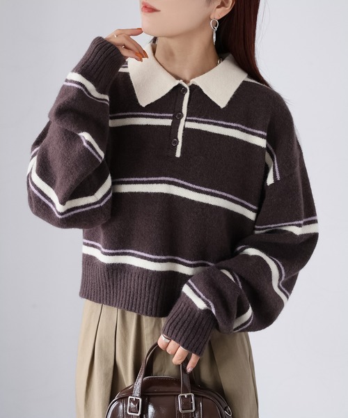Riberry(リベリー)の「ショート丈ボーダー配色ポロニット(ニット/セーター・レディース・ブラウン/ネイビー/グレー・FREE)」の7枚目の写真