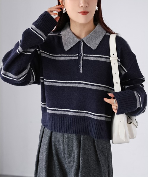 Riberry(リベリー)の「ショート丈ボーダー配色ポロニット(ニット/セーター・レディース・ブラウン/ネイビー/グレー・FREE)」の10枚目の写真