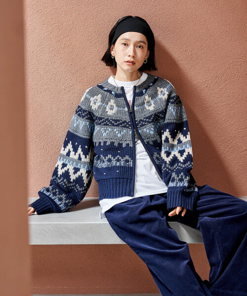 セール】ノルディック ジップショートニットカーデ（カーディガン