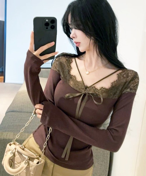 VIBGYOR(ヴィブジョー)の「【EIZZ/アイズ】レースアップ リボン リブ ロンT(Tシャツ/カットソー・レディース・ブラウン/ホワイト/ブラック・FREE)」の1枚目の写真