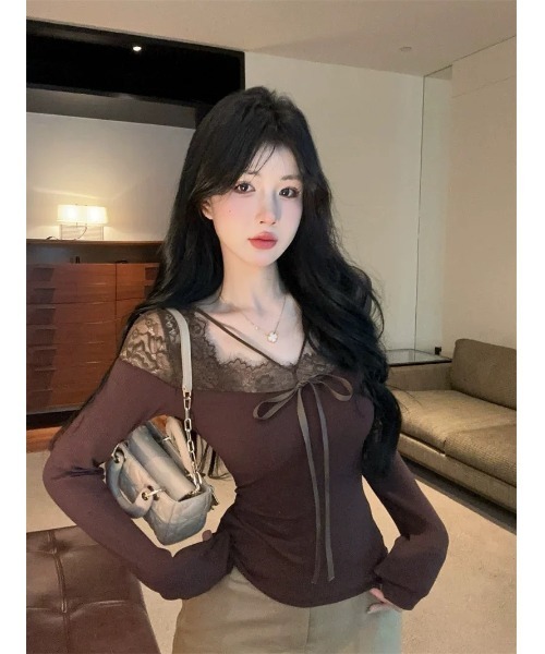 VIBGYOR(ヴィブジョー)の「【EIZZ/アイズ】レースアップ リボン リブ ロンT(Tシャツ/カットソー・レディース・ブラウン/ホワイト/ブラック・FREE)」の7枚目の写真